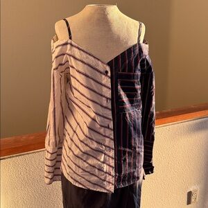 Mango Asymmetrical Striped Cold Shoulder Blouse - Black and White